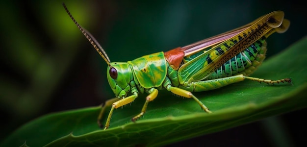 A green grasshopper sits on a leaf.