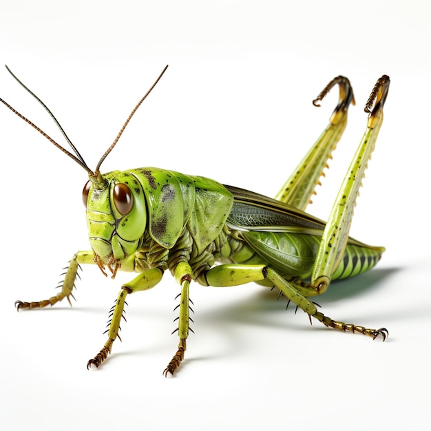 Foto cavalletta verde su sfondo bianco