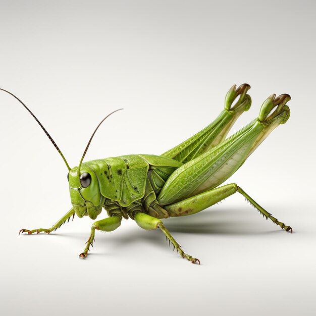 Foto cavalletta verde su sfondo bianco