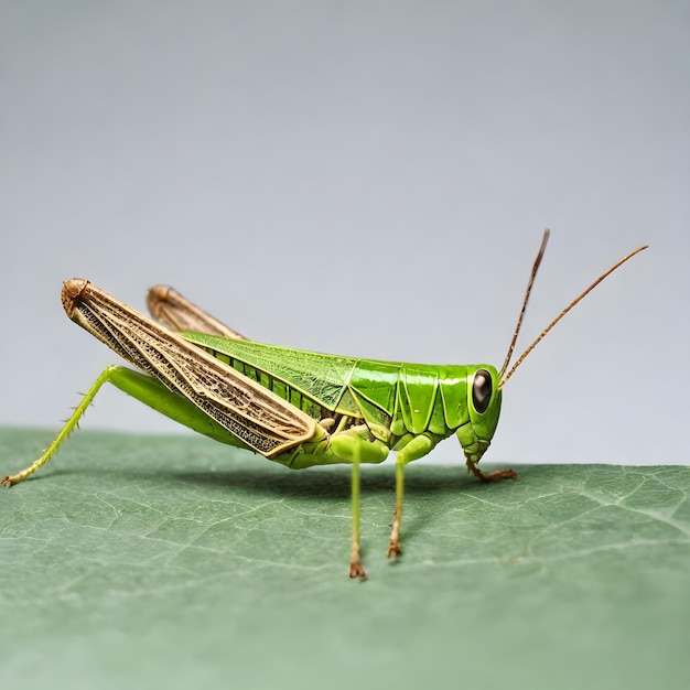 a green grasshopper with a black eye and a black eye