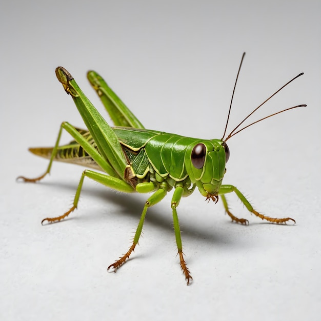a green grasshopper with a black eye and brown markings