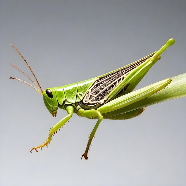 a green grasshopper with a black face and a white background