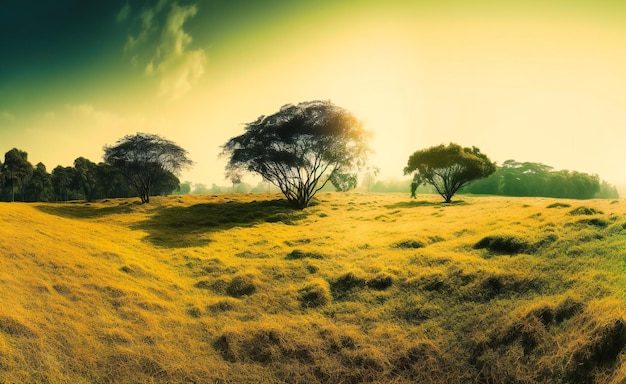 A green grassy area near the sun with trees