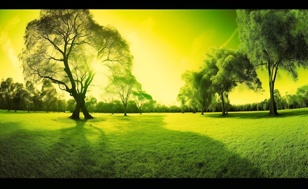 나무가 있는 태양 근처의 푸른 잔디 지역