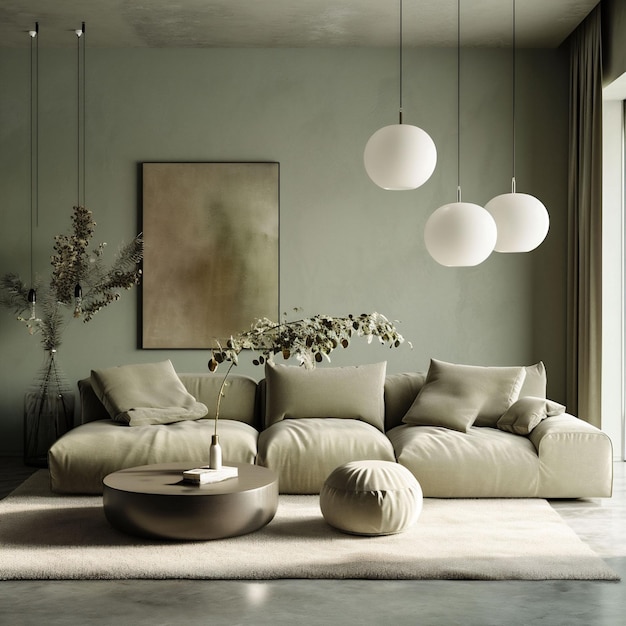 Green and grey minimalistic stylish living room couch white lamps pillows and a coffee table with a plant and a painting rug Cozy luxury chilling space Copy space