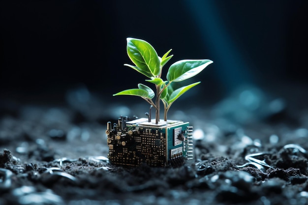 Green Growth A Vibrant Plant Sprouting from a Tiny Electronic Device Powered by Generative AI