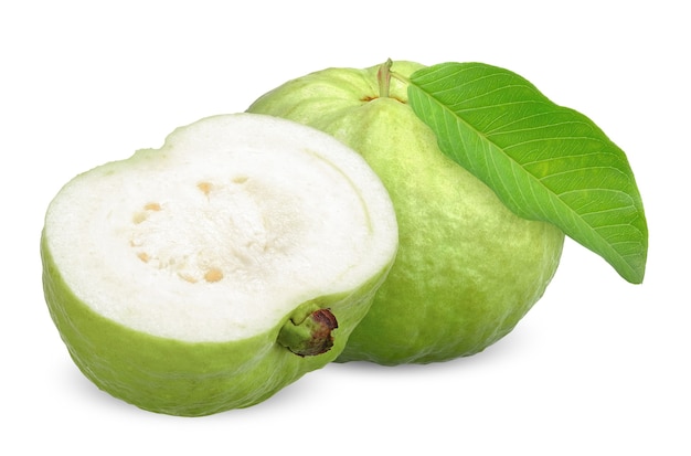 Green guava fruit and half with leaf isolated on white. guava clipping path