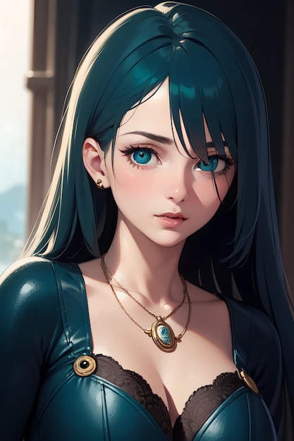 A green hair anime girl with green locket
