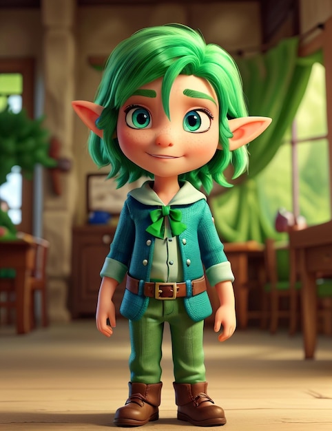 A green haired elf with blue eyes
