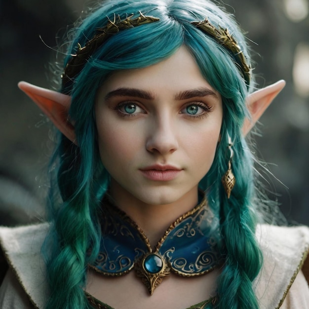 A green haired elf with blue eyes