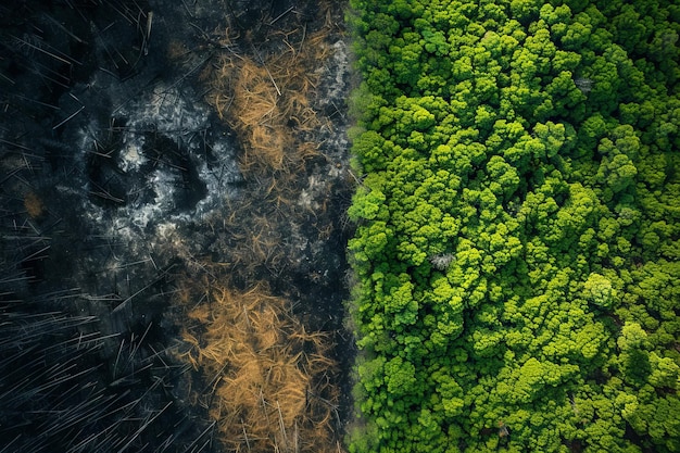 Photo green and half burnt forest written sos aerial