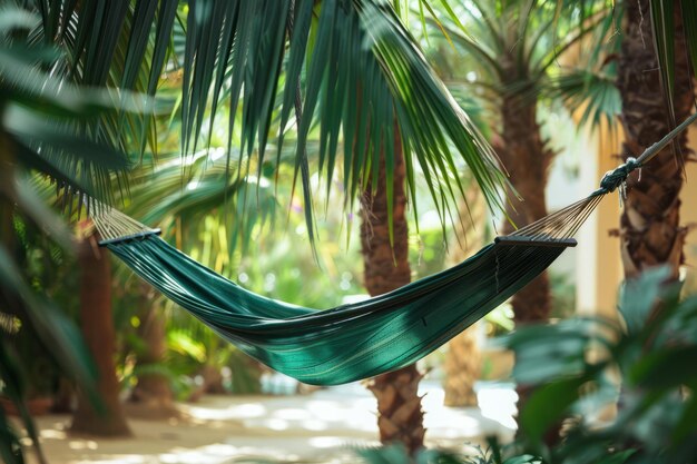 Photo green hammock with palms around in tropical environment generative ai