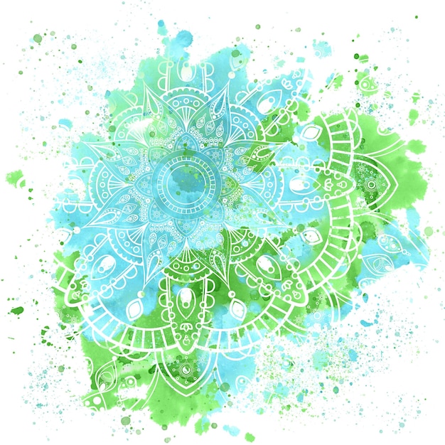 Green handdrawn watercolor background with mandala