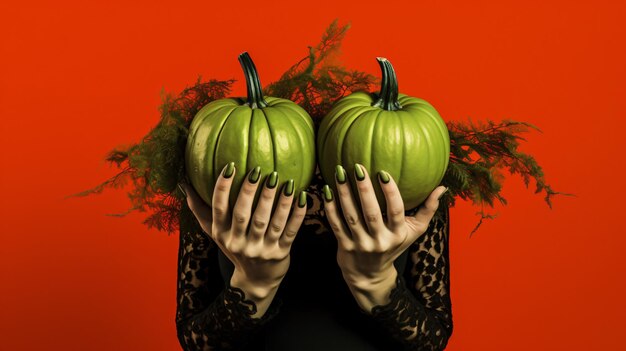 Green hands of witch with pumpkins