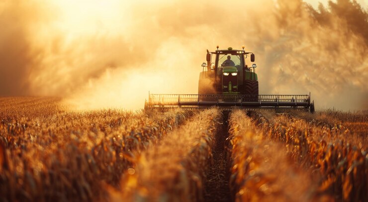 Photo green harvester harvesting corn in a golden field during sunset