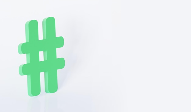 Simbolo hashtag verde su sfondo bianco, rendering 3d.