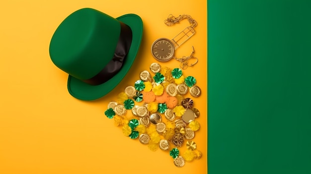 A green hat and a gold watch are on a yellow and green background.
