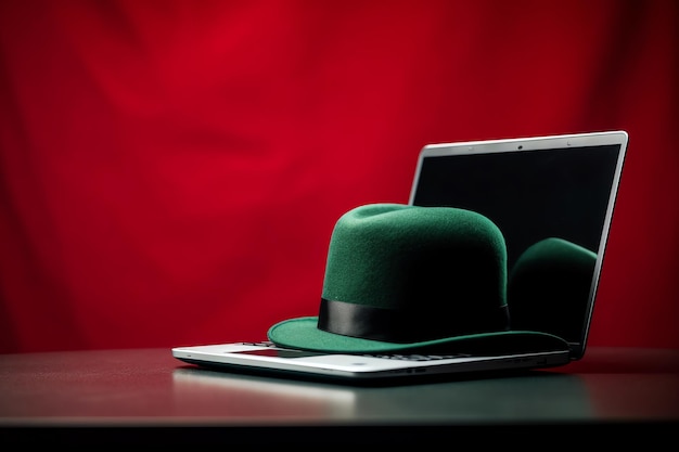 A green hat sits on a table next to a laptop