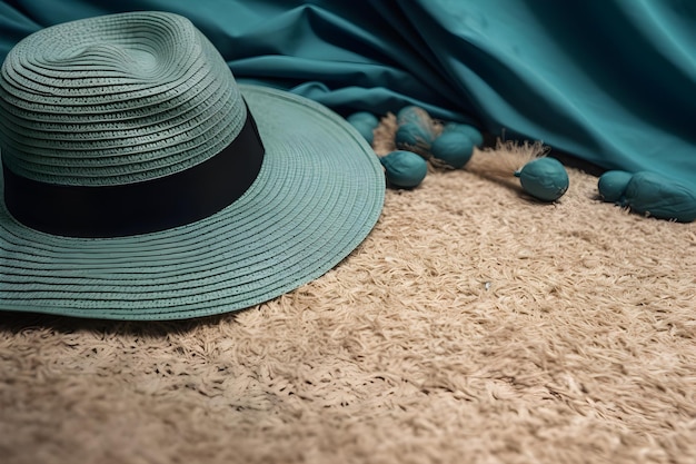 A green hat with a black band sits on a carpet.