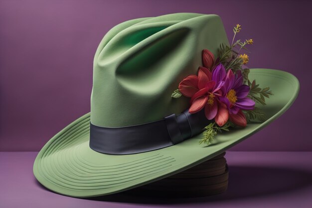 Зеленая шляпа с цветами на фиолетовом фоне