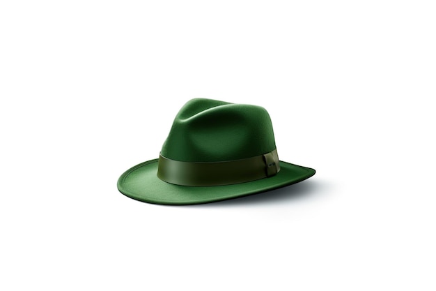 A green hat with a gold band is on a white background.