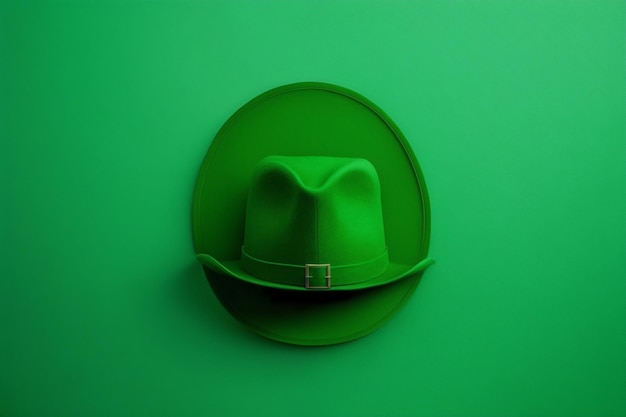 A green hat with a gold buckle sits on a green background