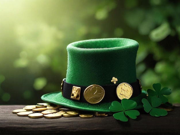 a green hat with a gold coin on it and some clovers