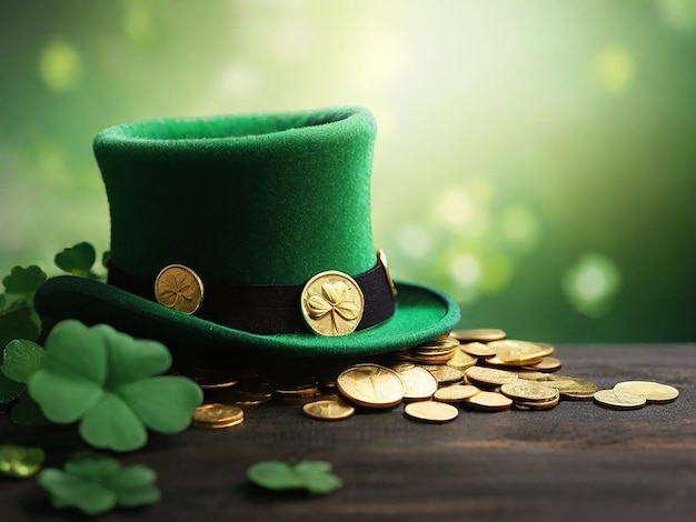 a green hat with a gold ring and some gold coins