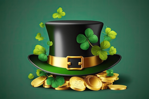 A green hat with a gold shamrock on it and a green hat with a clover on it