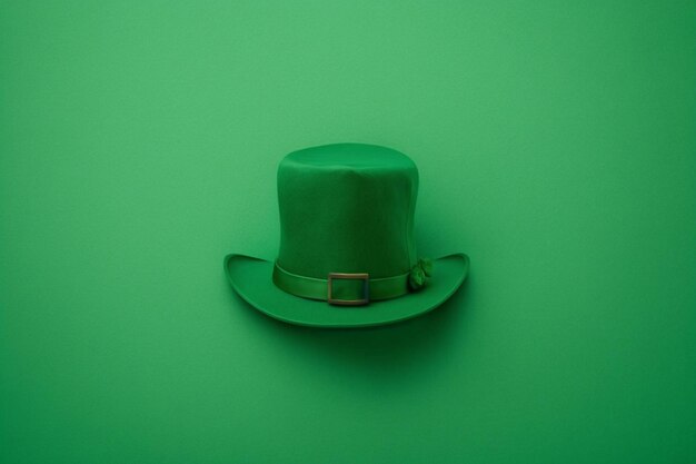 A green hat with a green band is hanging on a green wall.