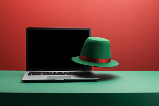 A green hat with a red band is next to a laptop.