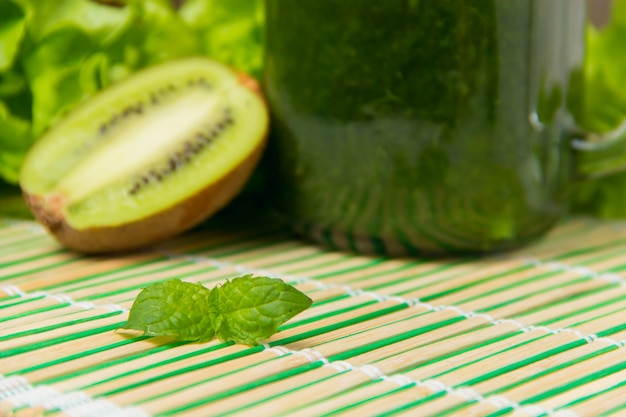 Green healthy food on bamboo napkin with copyspace