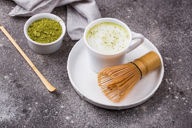 Green healthy matcha latte drink