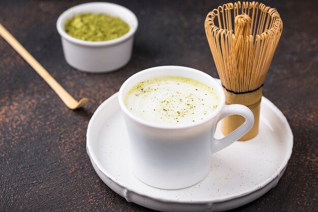 Green healthy matcha latte drink