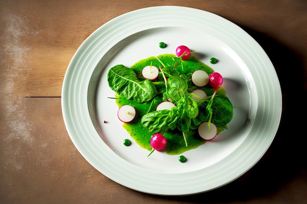 Зеленый здоровый салат из редьки в белой тарелке на столе