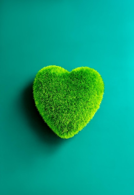 Green heart ball isolated on blue background Green grass heart shape green love vertical style Environment and sustainable planet protection Ecofriendly world care and Happy Earth Day concept