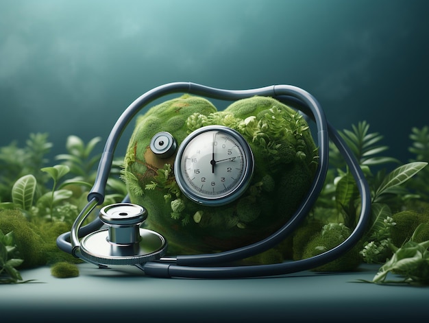 A Green Heart Filled with Natures Flourish Enveloped by a Stethoscope Embrace