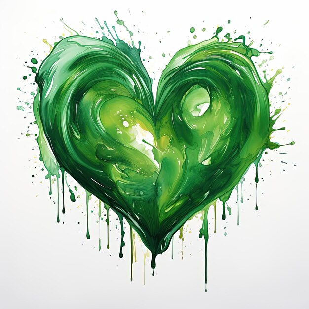 Photo a green heart is painted in a water color in the style of dark emerald