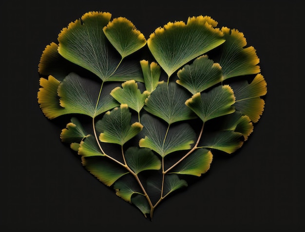 Ginkgo biloba 잎으로 만든 녹색 심장 생성 인공지능 기술로 만들어진 환경 보호 개념