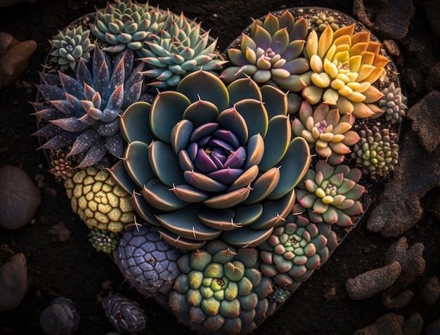 Green heart made by various succulents Environmental protection concept created with Generative AI technologyx9