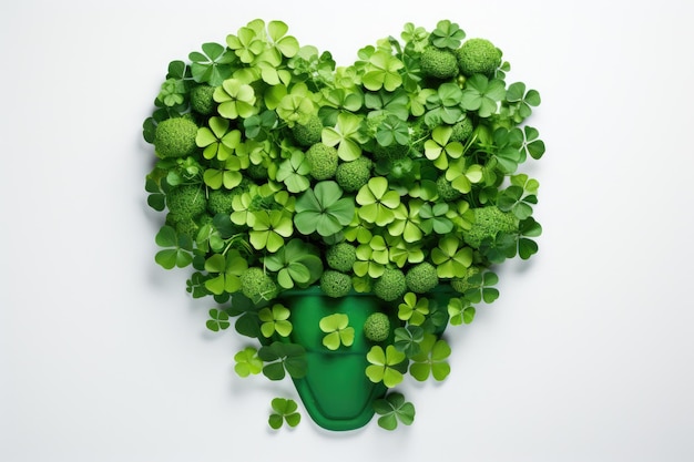 Photo green heart made of clover leaves on white background st patricks day concept happy st patricks day decoration concept made from shamrock ai generated