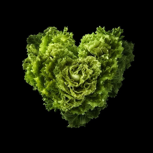 Green heart made of lettuce isolated on black background