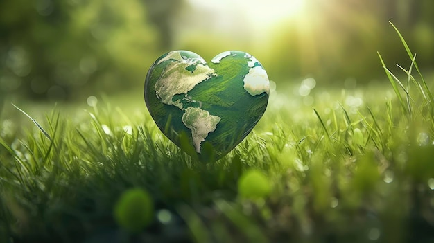 A green heart shaped earth sits in the grass.