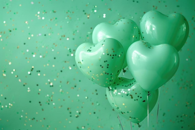 Green heartshaped balloons with golden confetti on green background