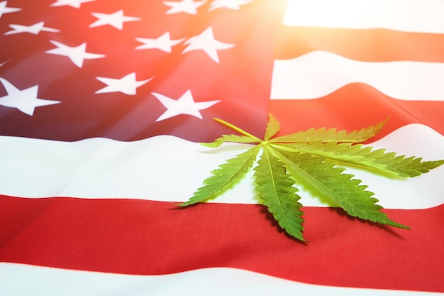 Green hemp leaf on the star-spangled flag of the United States of America with a bright Sunny dawn.