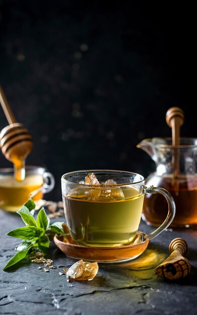 Green herbal Greek mountain tea in glass cup served with honey and lukum over dark