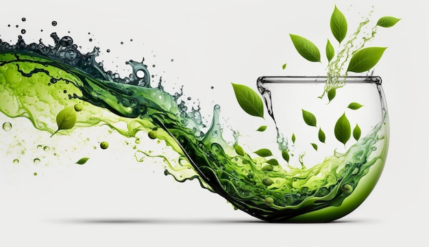 Green herbal tea wave splash with leaves flow