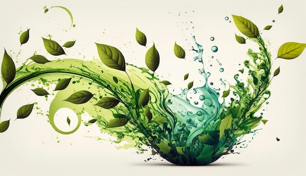 Green herbal tea wave splash with leaves flow