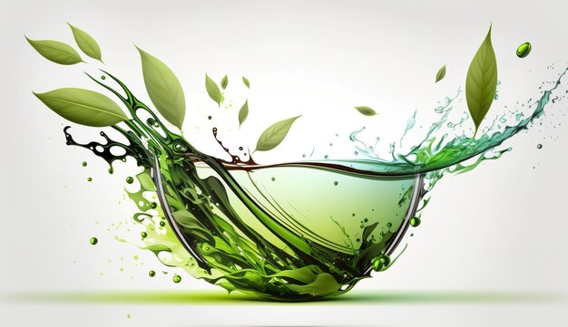 Green herbal tea wave splash with leaves flow