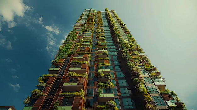 緑の高層住宅ビルと植物